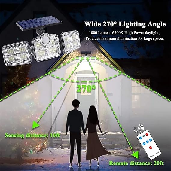 3 Head Motion Sensor 270 Wide Angle Illumination Waterproof Solar Light | Outdoor Wall Lamp For Garden Garage